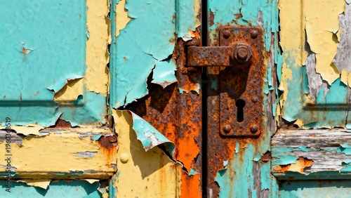 Weathered door with peeling paint and rusty lock