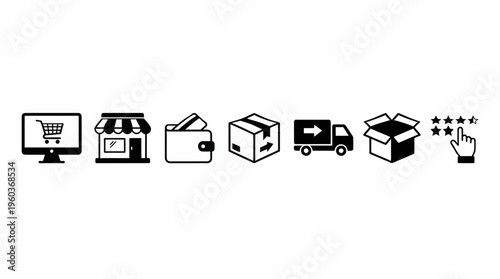 E-commerce shopping process vector icons set with computer cart, store, wallet payment, shipping box, unpacking, and product review rating for online business and marketing