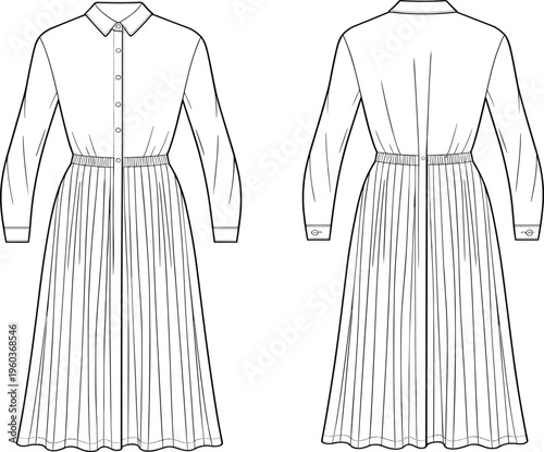 Women Long Sleeve Pleated Shirt Dress Fashion Flat Sketch, Button Down Midi Dress Technical Drawing, CAD Apparel Vector Illustration Template