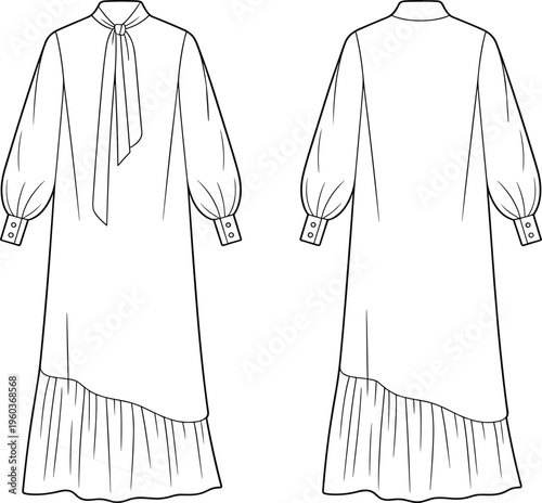 Women Long Sleeve Pussy Bow Tie Neck Maxi Dress Technical Sketch, Front and Back View Fashion Flat Vector Illustration Template