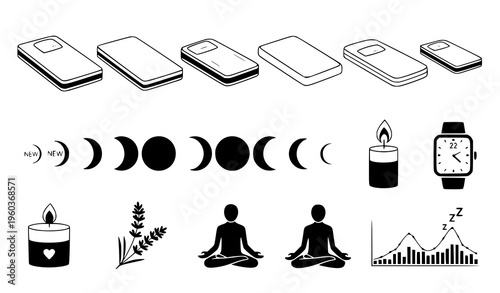 A collection of minimalist vector icons and illustrations representing various aspects of modern life and wellness including technology moon phases meditation and sleep patterns in a simple flat desig