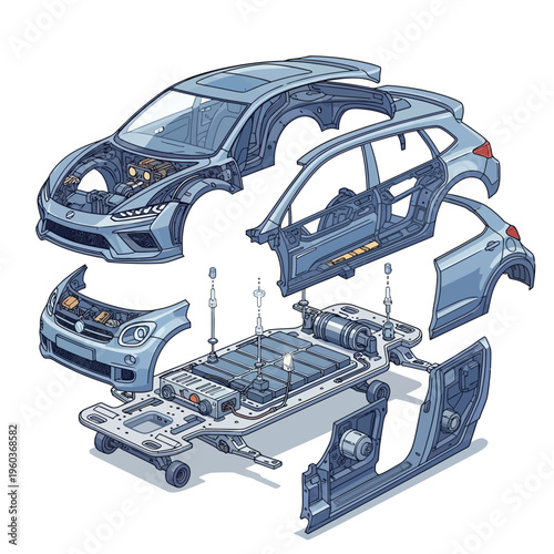 Exploded view illustration of an electric vehicle chassis, showcasing its internal components and battery pack integration
