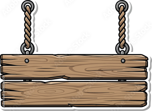 Hanging wooden plank sign with rope and rings, perfect for rustic signage and decoration