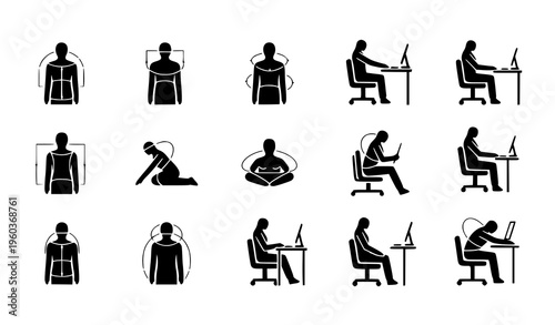 A collection of black silhouette vector icons depicting people in various sitting and working postures at desks and on the floor with laptops and computers in a minimalist flat design style