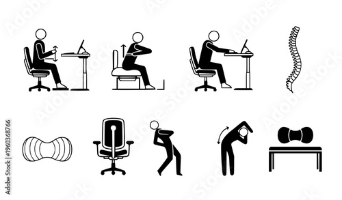 A vector graphic illustration depicting a series of office and exercise icons to promote workplace wellness and ergonomics