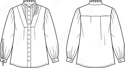 Women Long Sleeve Ruffle Collar Blouse Fashion Flat Sketch, Button Down Shirt Technical Drawing, CAD Apparel Vector Illustration Template Design