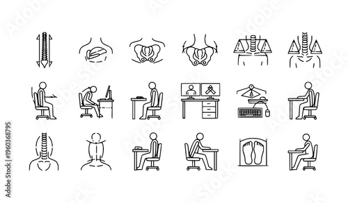 A set of minimalist line art icons depicting people experiencing discomfort and pain while working at desks and computers with various body parts and postures illustrated