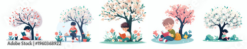 vector of little boy sitting on tree reading book in spring