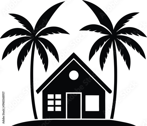 Black silhouette of a house with palm trees