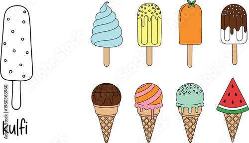 Set of kulfi ice cream popsicles and cones with different flavors colorful vector illustration collection isolated on white background