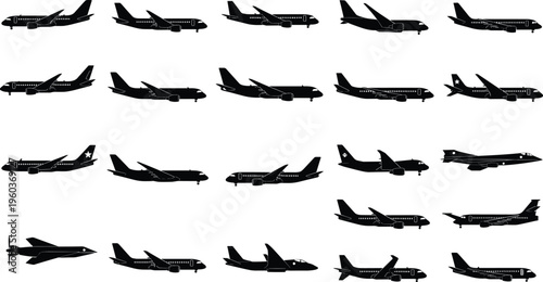 airplane silhouettes set, passenger jet aircraft collection, aviation transport icons, side view planes, commercial airline vector illustration pack