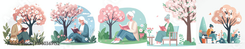 vector grandma sitting leaning against a tree reading a book in spring atmosphere