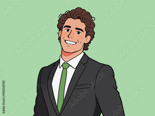 Young man smiles in black suit with green tie against light green background during a casual business event