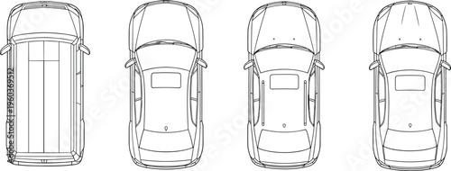 car top view outline set, vehicle blueprint collection, sedan designs, transport icons, detailed automotive line drawing vector illustration pack