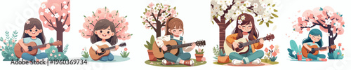 vector little girl sitting playing guitar spring mood