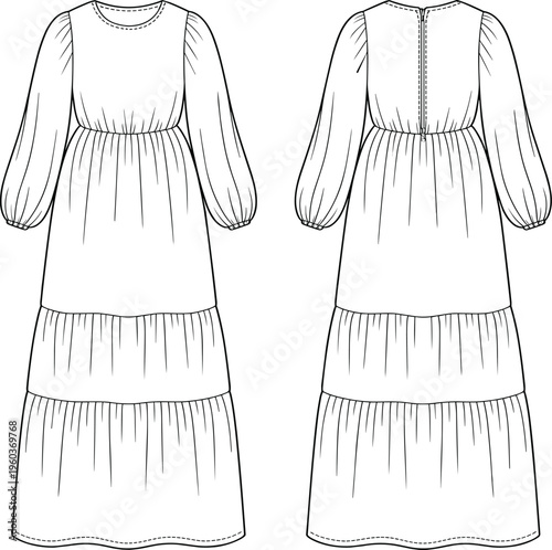 Women Long Sleeve Tiered Maxi Dress Fashion Flat Sketch, Round Neck Smocked Waist Technical Drawing, CAD Apparel Vector Illustration Template