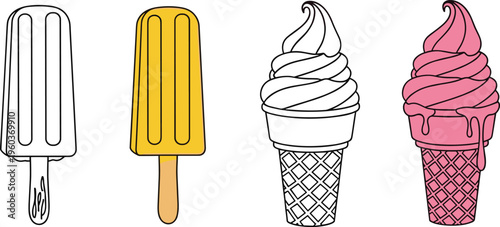 Ice cream popsicles and soft serve cones in outline and colored styles vector illustration set isolated on white background