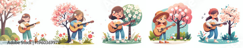 vector little girl standing playing guitar spring mood