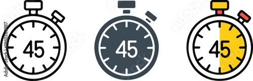 Stopwatch timer vector icon set featuring forty five minute countdown for sports productivity and time management tracking design.