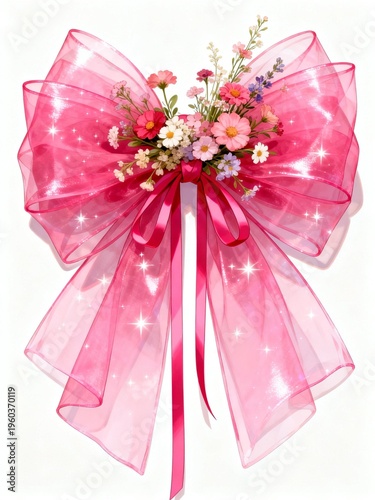 Pink Ribbon Bow with Flowers Decorative Gift Element