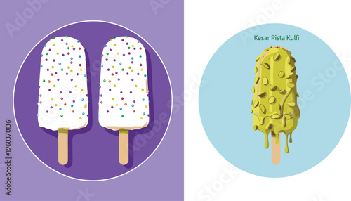 Kulfi ice cream popsicles with sprinkles and kesar pista flavor coated dessert vector illustration isolated on colorful background