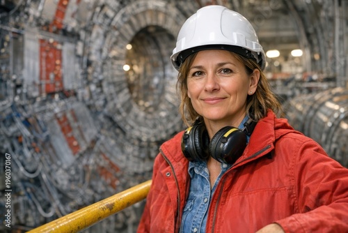 Engineer's Determination: An astute woman, encased in safety gear, gazes at the camera with unwavering resolve, standing before an awe-inspiring machinery, depicting technological prowess.