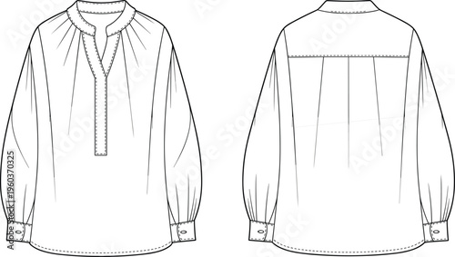 Women Long Sleeve V Neck Henley Blouse Fashion Flat Sketch, Gathered Neckline Top Technical Drawing, CAD Apparel Vector Illustration Template