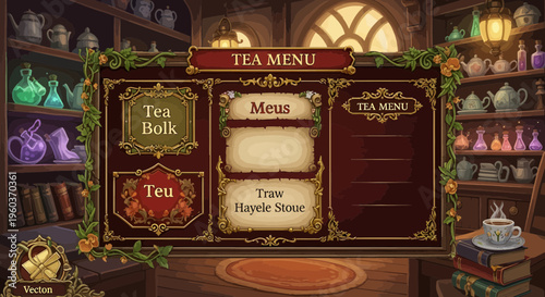 Vintage Tea Menu Display with Ornate Borders and Decorative Elements.