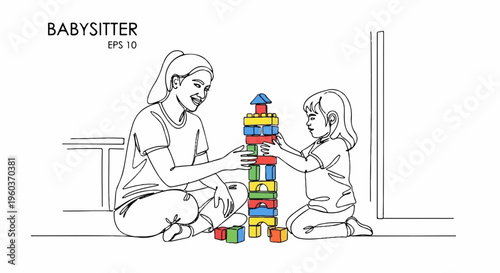 Babysitter and little girl building colorful block tower together on floor with dog