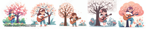 vector little girl standing playing guitar spring mood