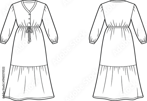 Women Long Sleeve V Neck Tiered Maxi Dress Technical Sketch, Front and Back View Fashion Flat Vector Drawing Illustration Template