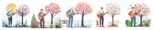 vector grandpa standing playing guitar spring mood