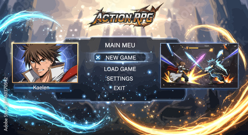 Action RPG Game Main Menu Screen with Character Portraits.