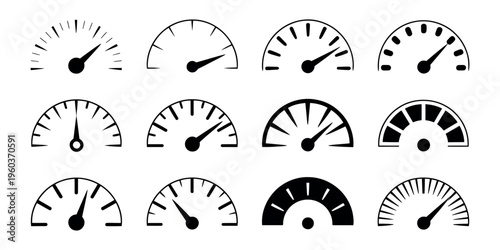 Abstract speedometer icons with various scale designs for measuring speed performance and racing applications vector illustration