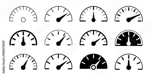 Abstract speedometer icons with various scale designs for measuring speed performance and racing applications vector illustration