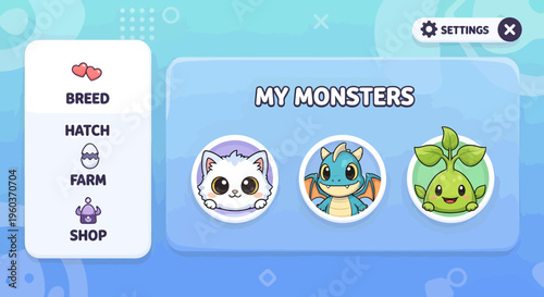 Cute cartoon monsters displayed on a game screen.