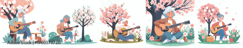 vector grandma sitting playing guitar spring mood