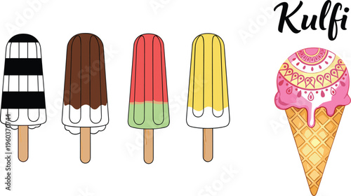 Kulfi ice cream popsicles set with assorted flavors and decorative cone dessert vector illustration isolated on white background