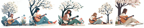 vector woman sitting playing guitar spring mood