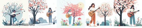 vector woman standing playing guitar spring mood