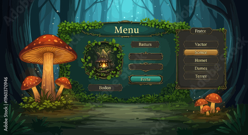 Enchanted Forest Menu Screen with Mushrooms and Fireplace.