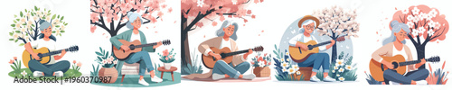 vector grandma sitting playing guitar spring mood