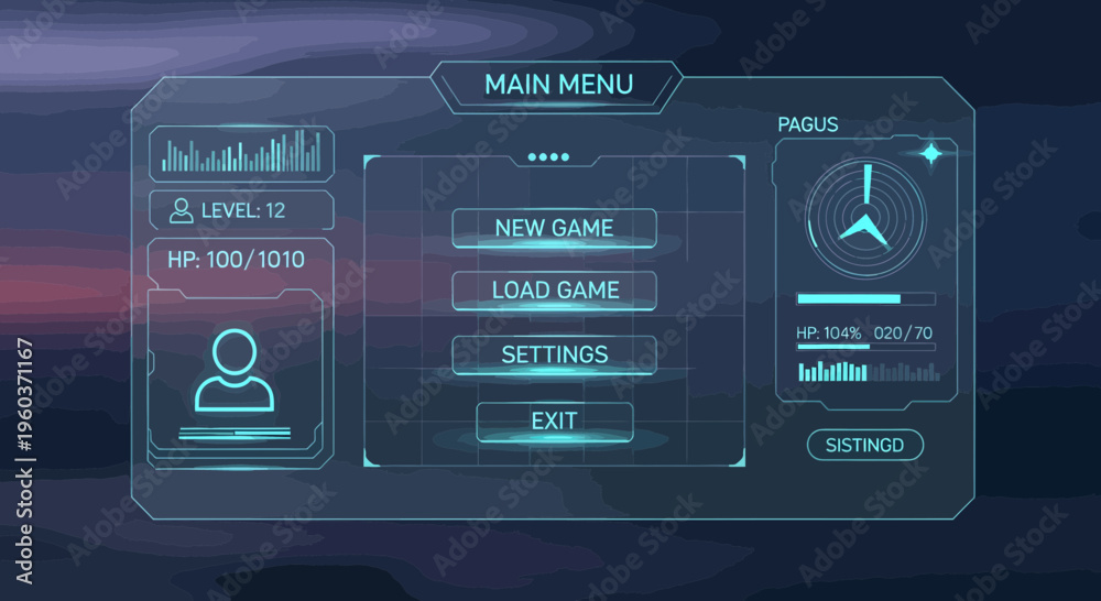 Fototapeta premium Futuristic Digital Game Interface Main Menu Screen.