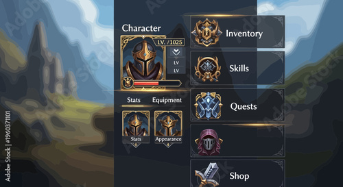 Fantasy Game User Interface Character Equipment Screen.