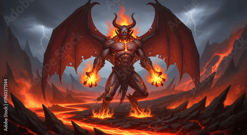 Fierce Demon Lord with Fiery Aura and Majestic Wings.