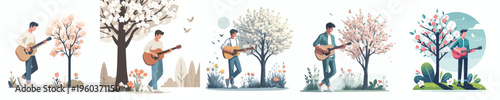 vector man standing playing guitar spring mood
