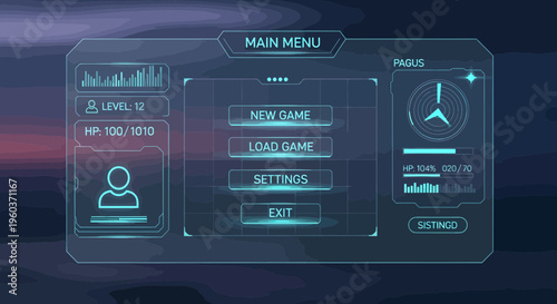 Futuristic Digital Game Interface Main Menu Screen.