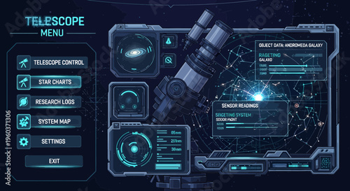Futuristic Telescope Control Panel Interface with Star Charts.