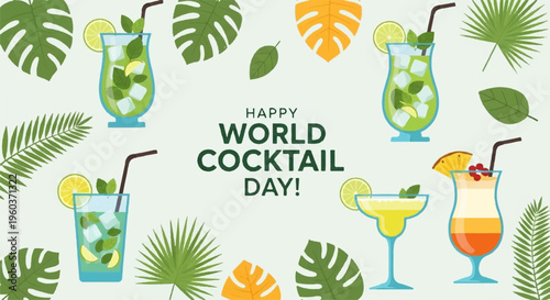 Colorful cocktails with tropical leaves on world cocktail day celebrating drinks and mixology culture with vibrant summer vibes