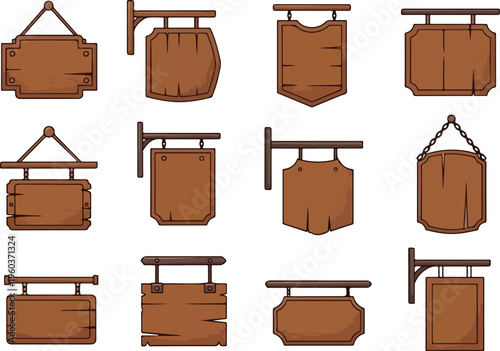 Collection of wooden signs hanging from brackets, perfect for signage and decorative purposes